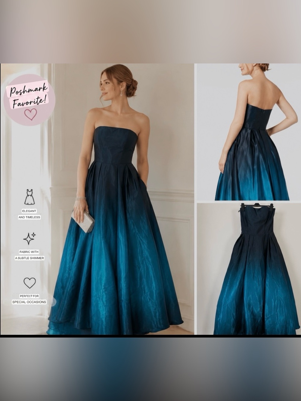 Elegant Ombre Strapless Evening Gown Blue Turquoise Formal Dress Prom Gala